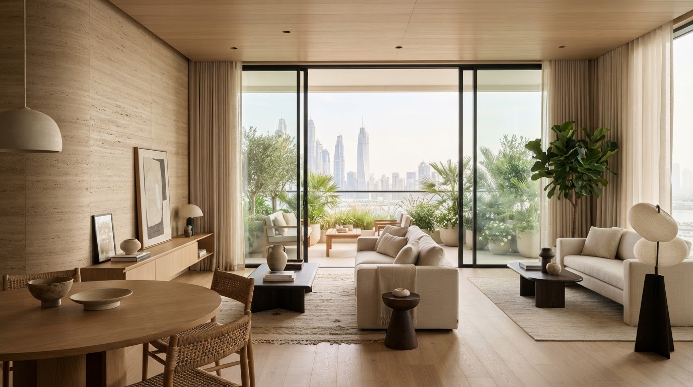 Warm sunlit Dubai residential apartment interior with travertine and oak