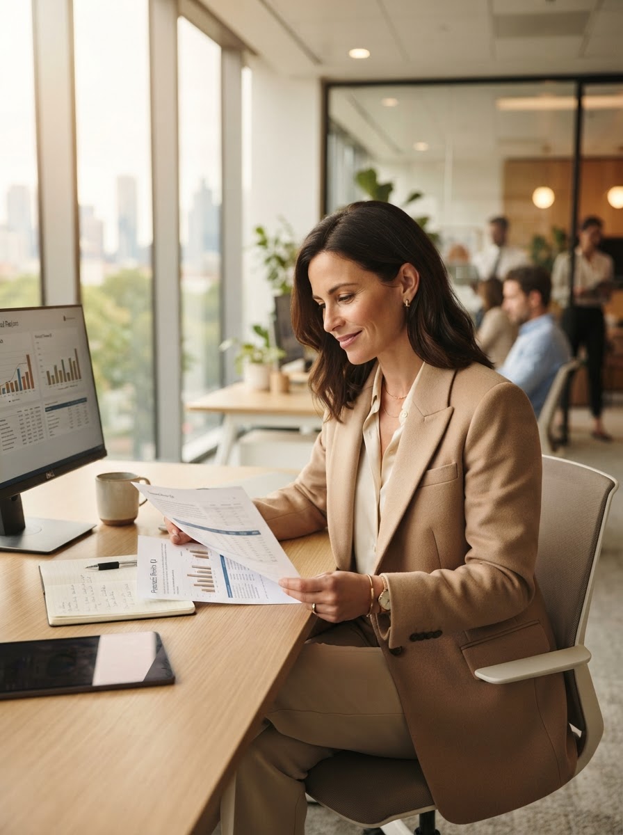 A financial professional reviewing documents in a bright modern office