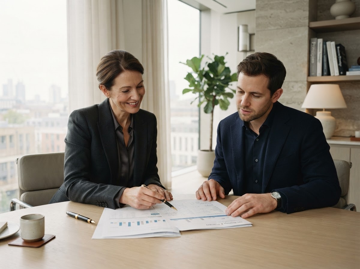 A financial advisor reviewing documents with a business owner in a modern professional office