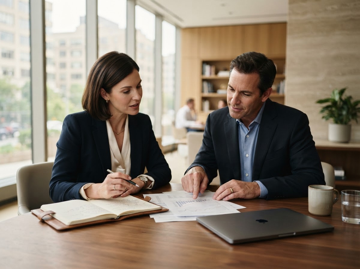 A financial professional reviewing documents with a business owner during a planning conversation