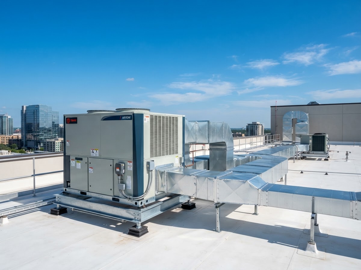 Commercial HVAC rooftop unit and ductwork