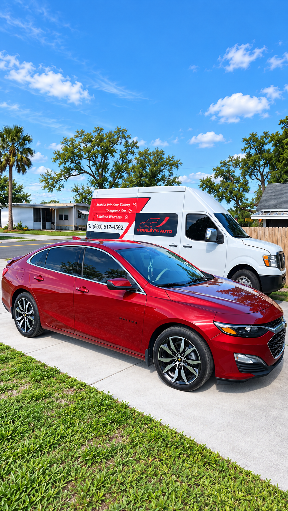 Stanley's Auto Tinting Service mobile van and red sedan on site in Lakeland, FL
