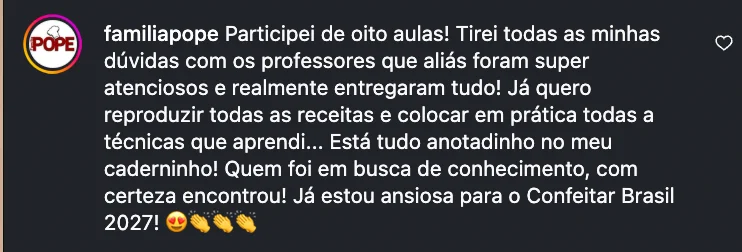 Depoimento Instagram de @familiapope sobre o Confeitar Brasil