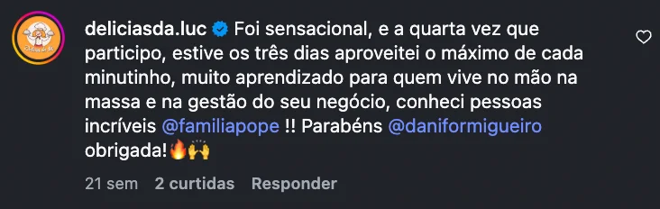 Depoimento Instagram de @deliciasda.luc sobre o Confeitar Brasil