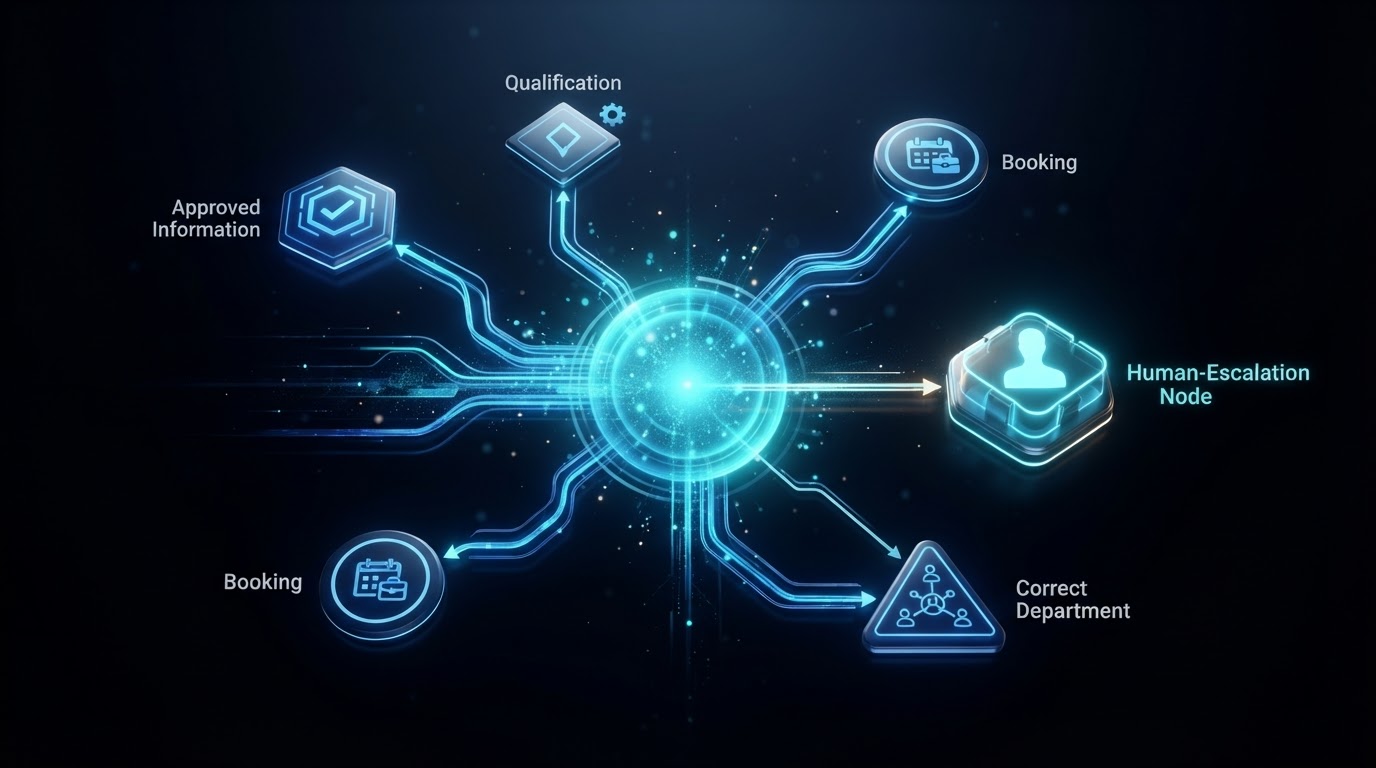 Abstract visual of a conversational routing system collecting information and branching to booking, departments and human escalation