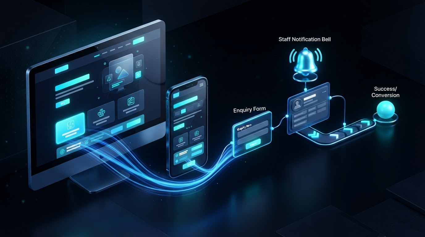 Abstract visual of a conversion-focused website connected to an enquiry form, CRM record and follow-up journey