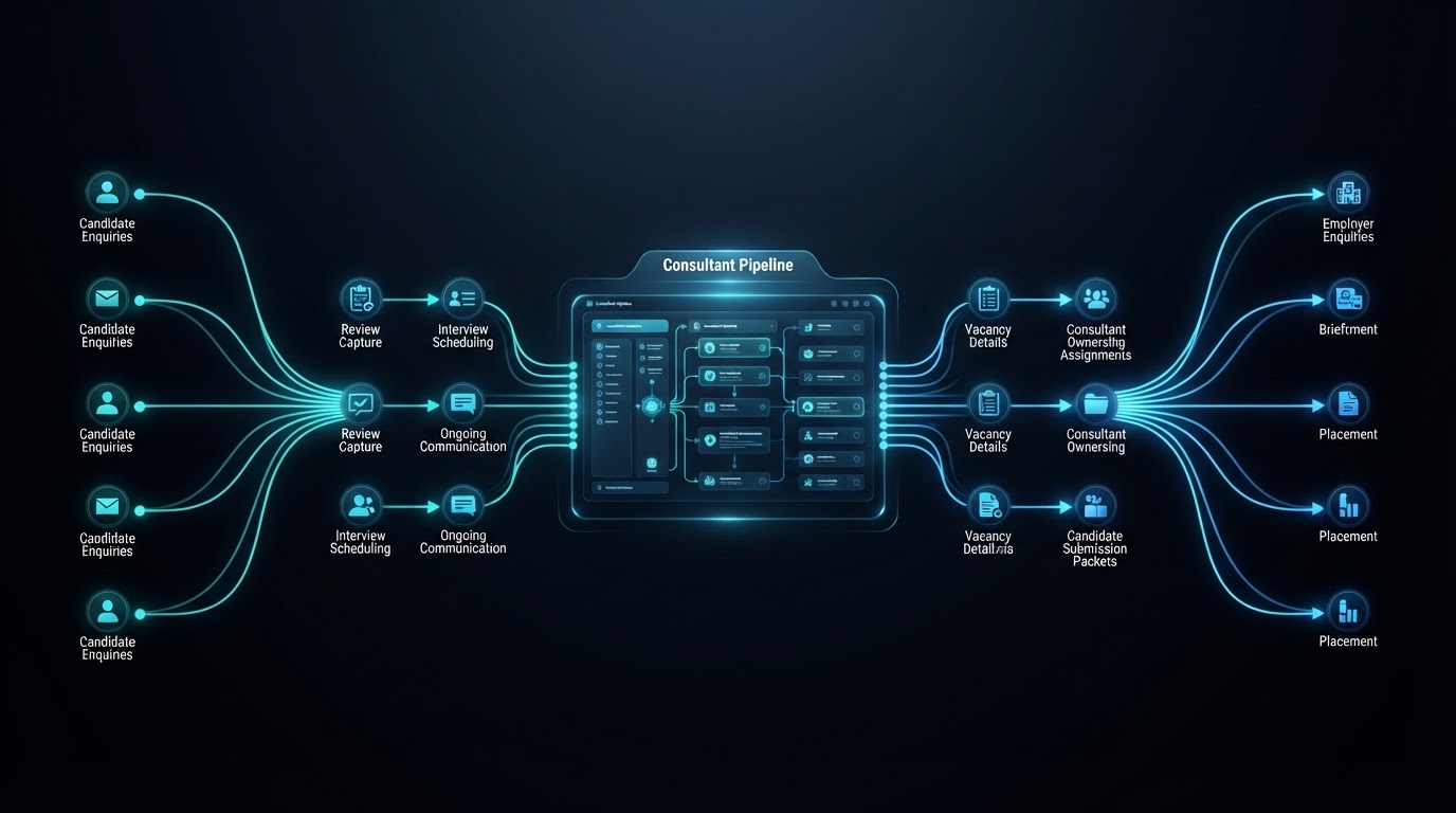 Connected candidate and employer journeys converging into an organised recruitment consultant workflow