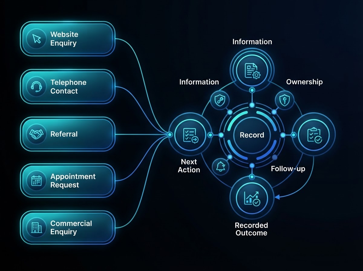 Multiple opportunity sources feeding into an organised central workflow with information, ownership, next action, follow-up and recorded outcome stages