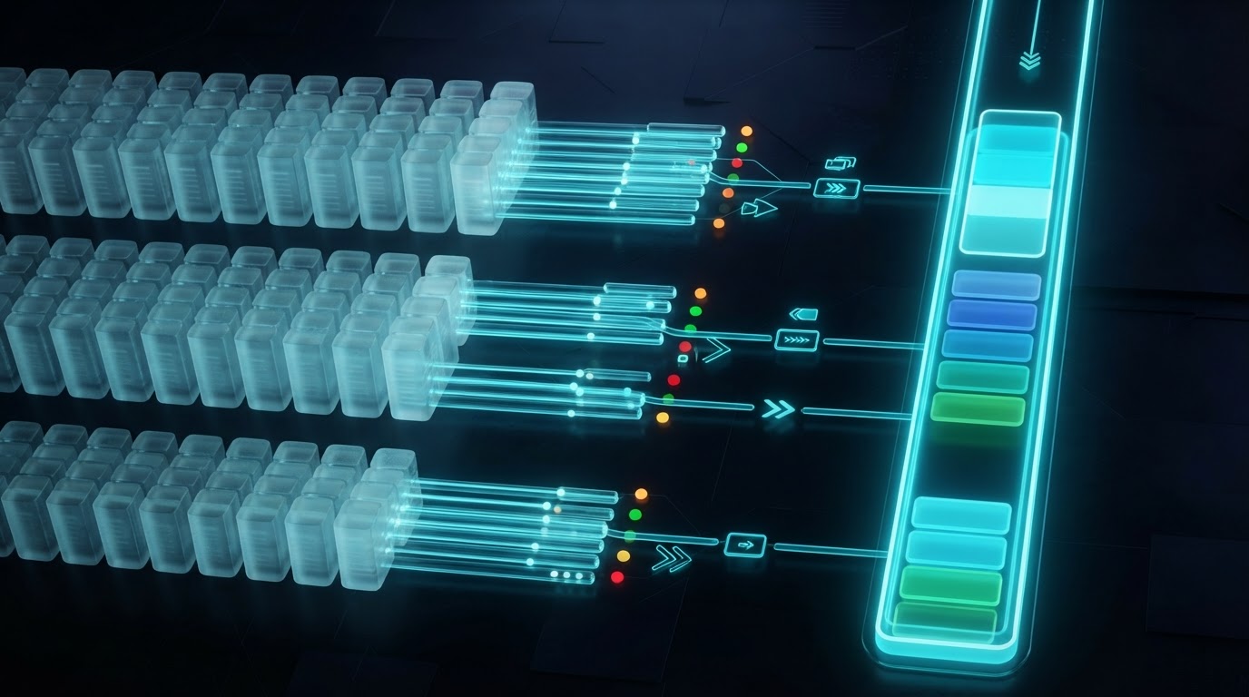 Abstract visual of dormant database records being segmented, contacted and routed into an active pipeline