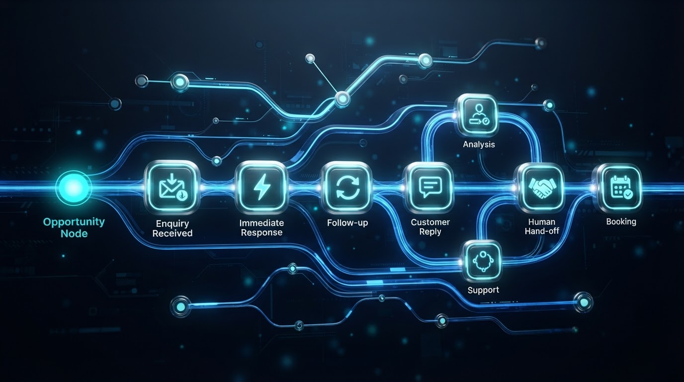 Abstract visual of an opportunity moving through connected timed follow-up touchpoints with intelligent branching