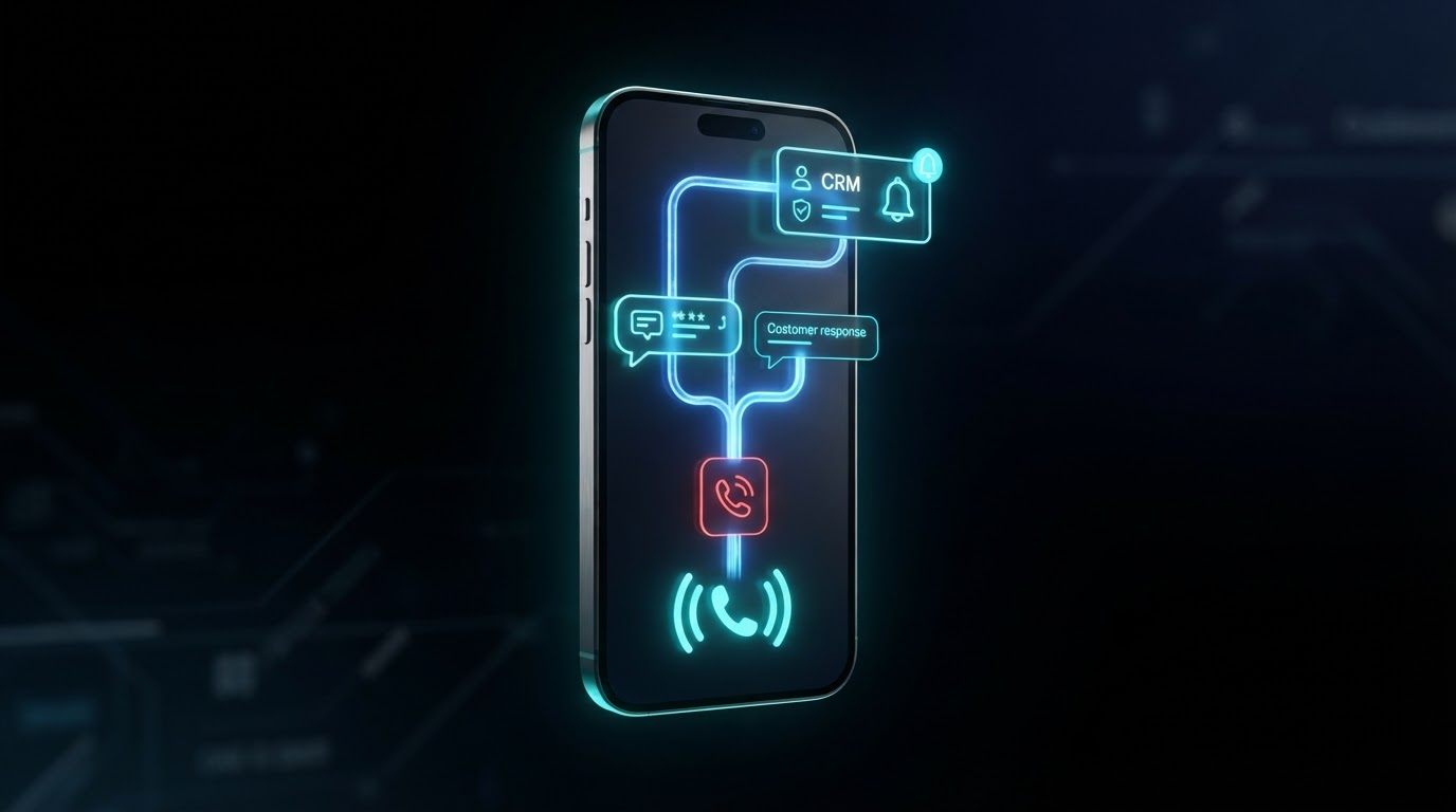 Abstract visual of a missed call becoming an immediate text message, customer response and CRM opportunity