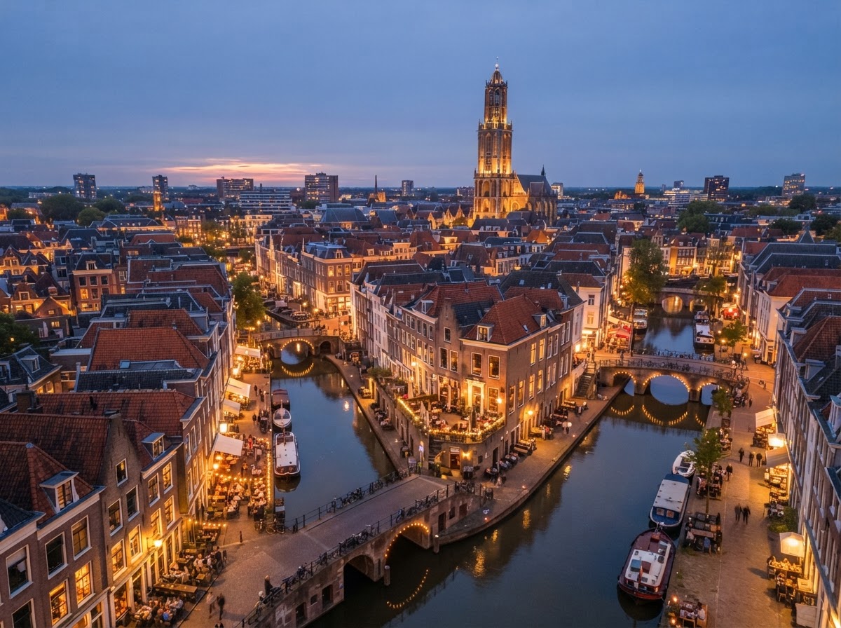 Avondzicht op de Utrechtse grachten met warm verlichte gevels en terracotta daken
