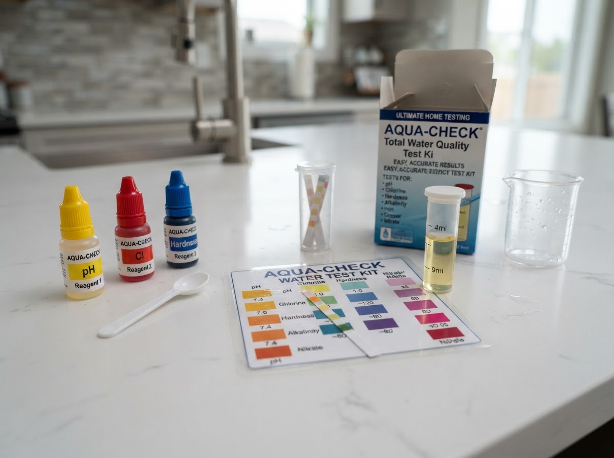 Home water testing kit with sample bottles, test strips, and a color comparison chart