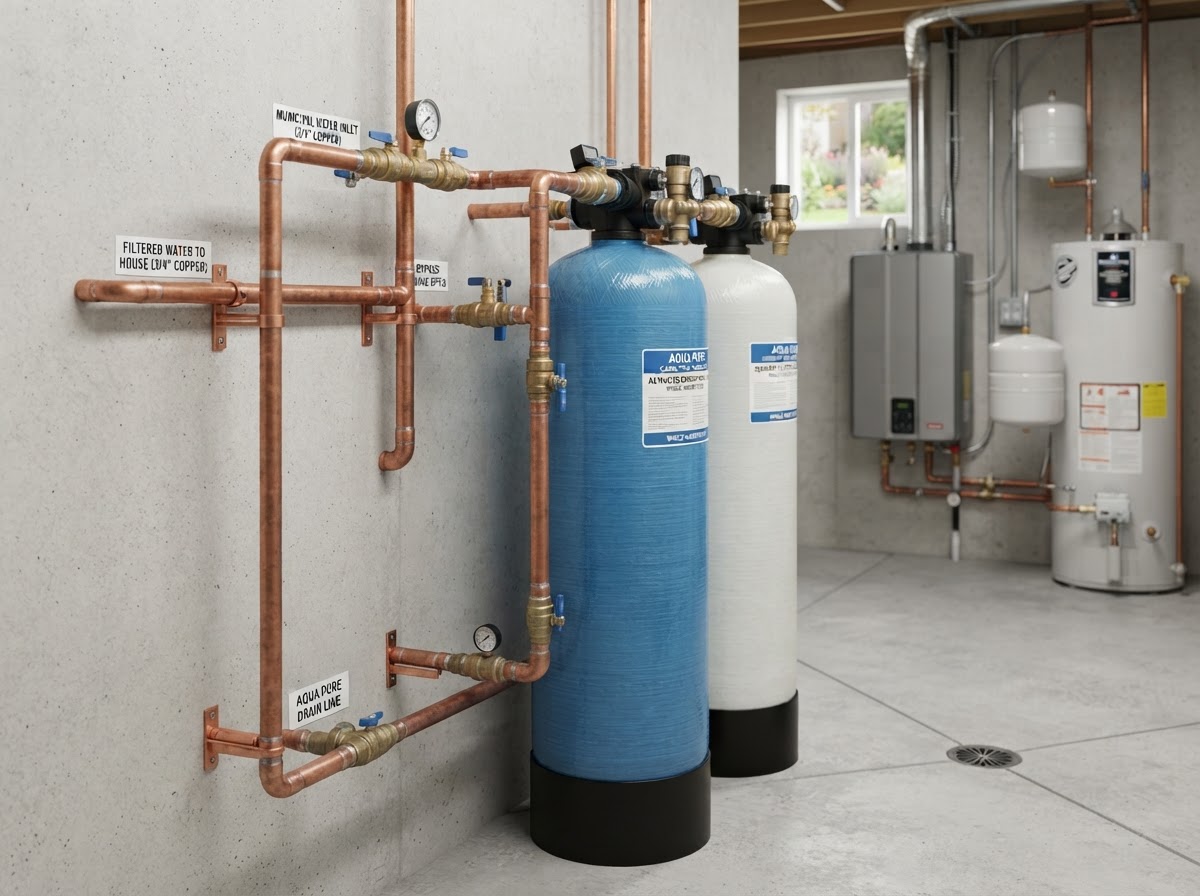 Whole-house water filtration tanks and carbon media installed neatly in a residential basement