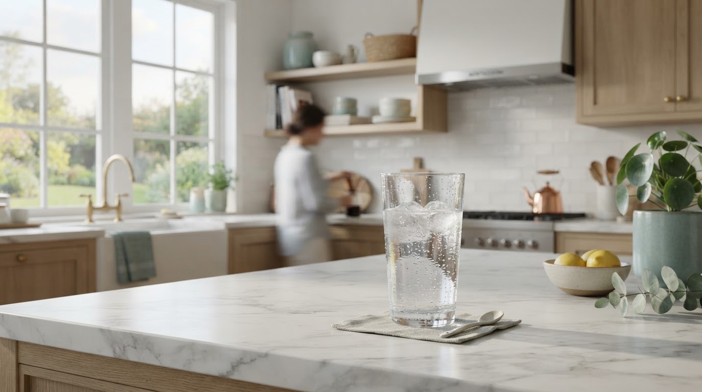 Modern Syracuse kitchen with a glass of clean, filtered water on the counter
