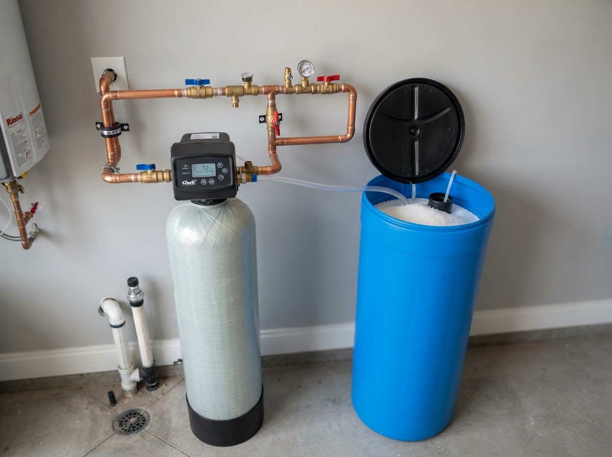 Residential water softener unit with blue brine tank installed beside a home's main water line