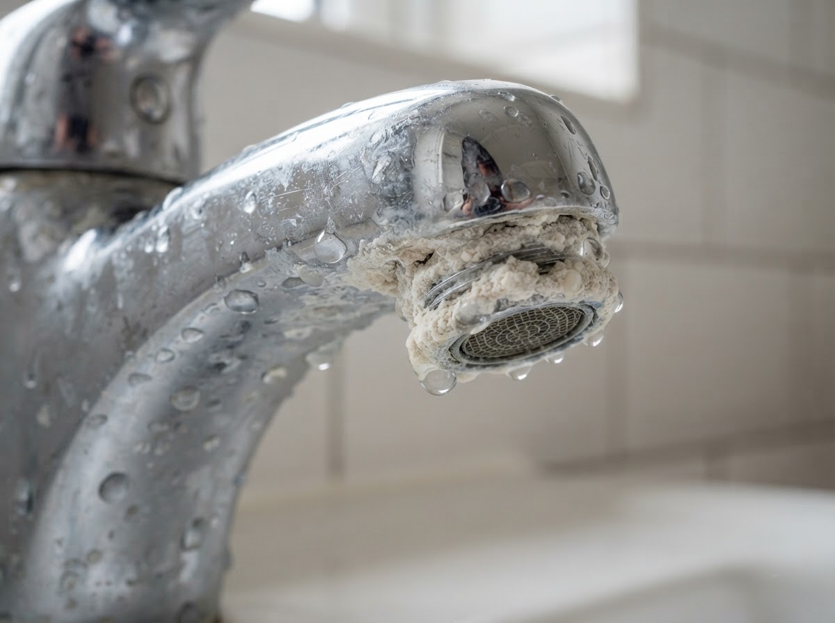 White chalky hard-water scale and mineral buildup around a chrome bathroom faucet