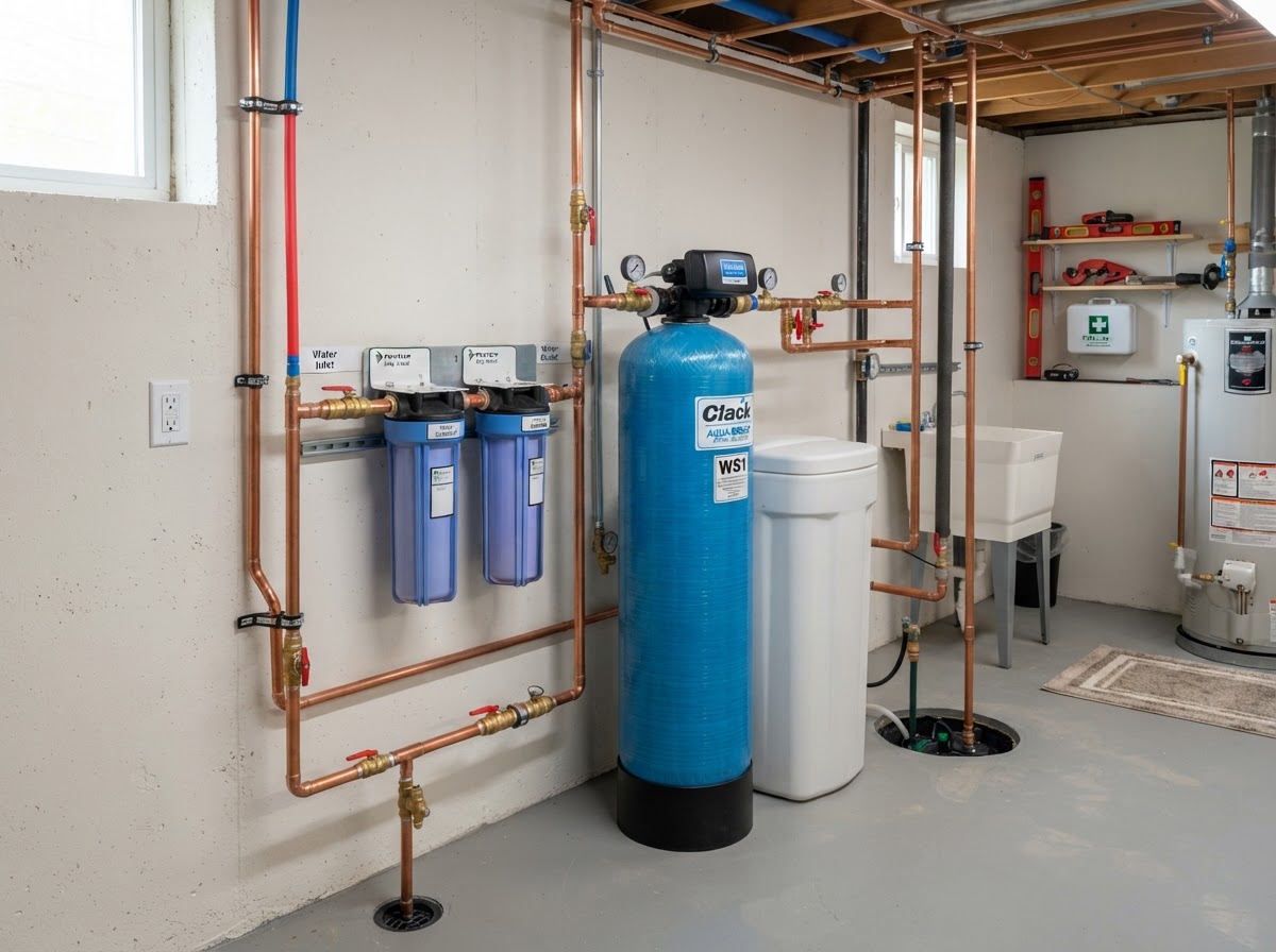 A neatly installed whole-house water filtration system in a clean residential basement