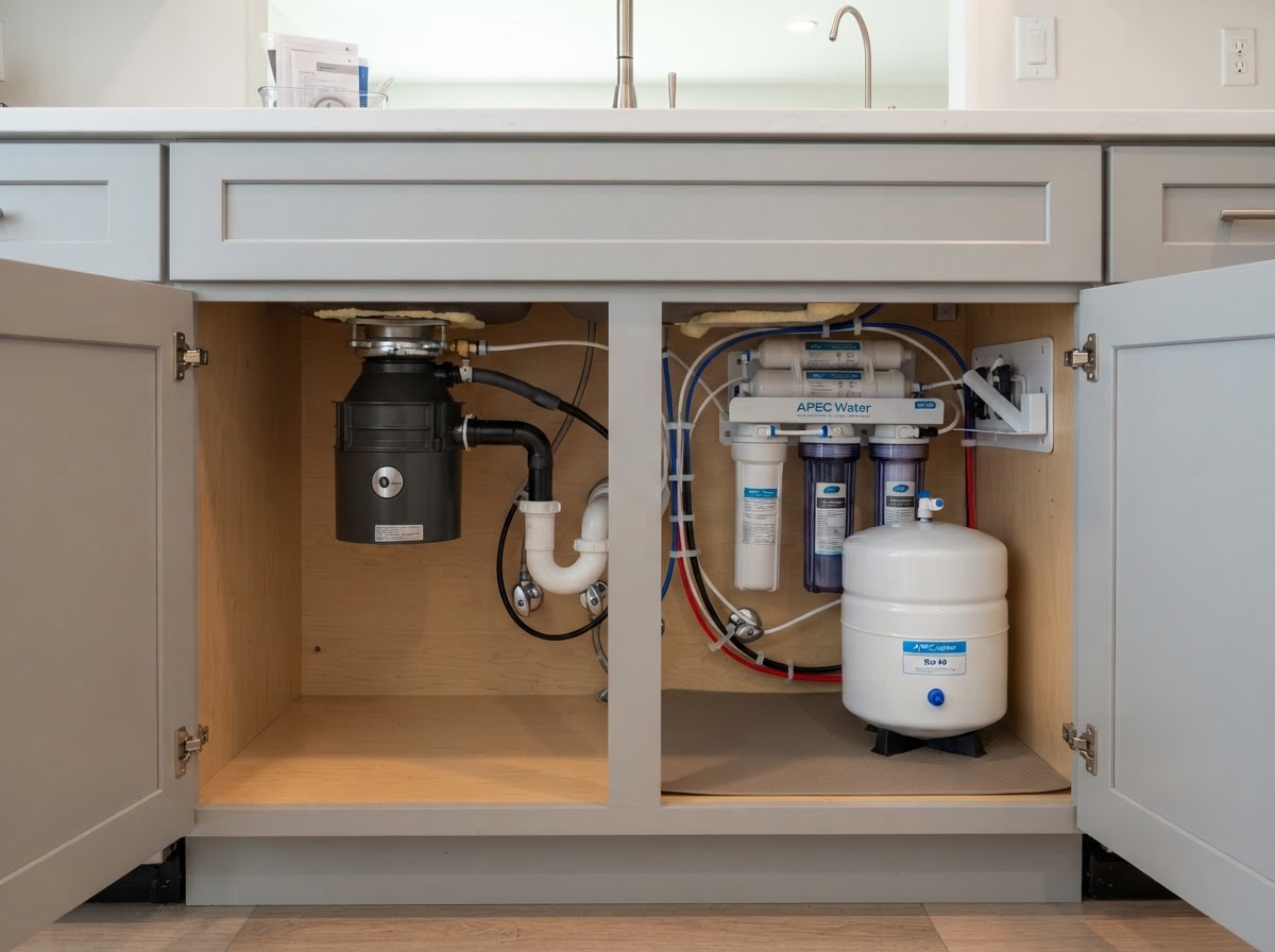 Under-sink reverse osmosis system installed neatly beneath a kitchen sink