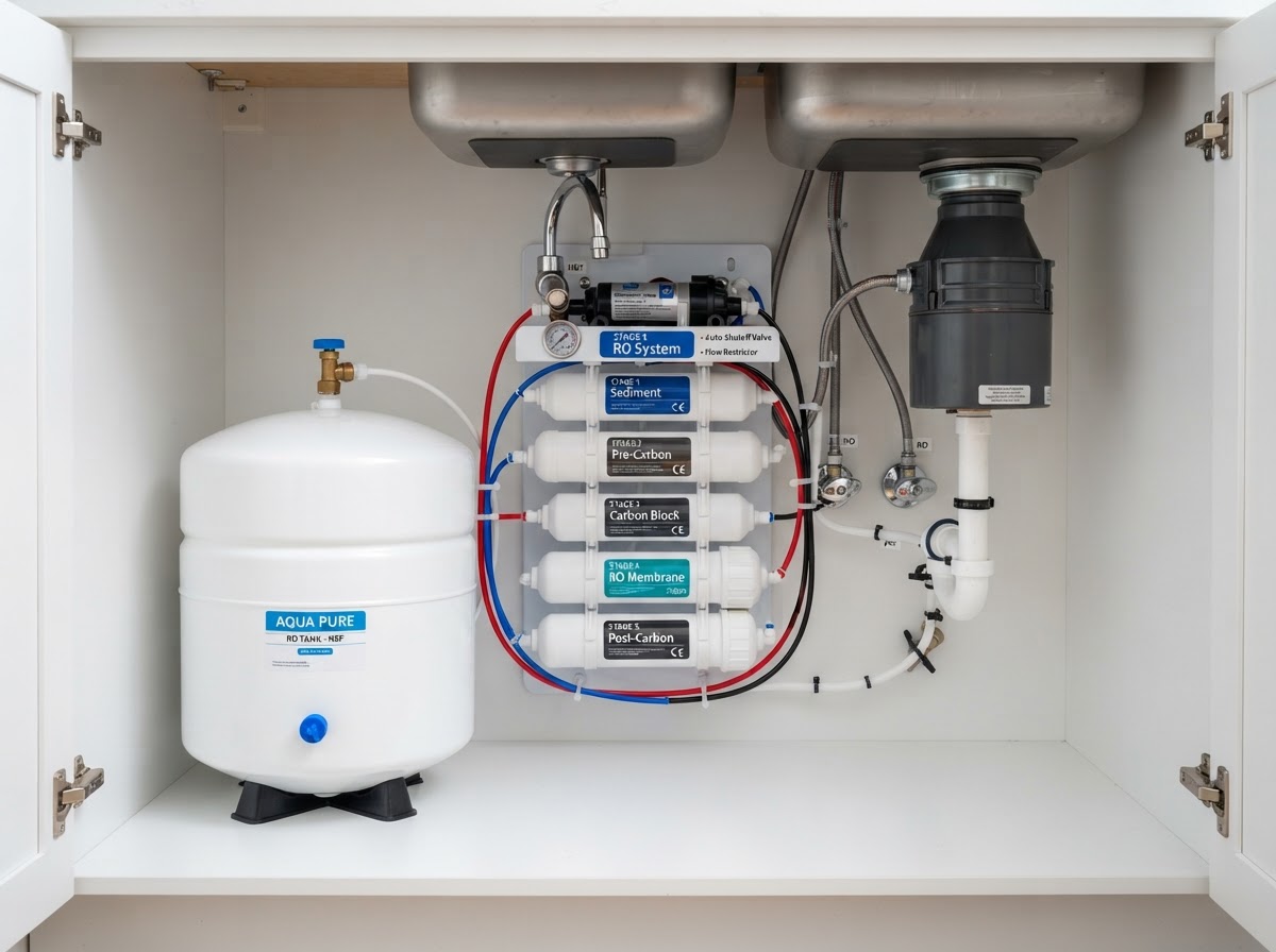 Neatly installed under-sink reverse osmosis system with storage tank and filter cartridges