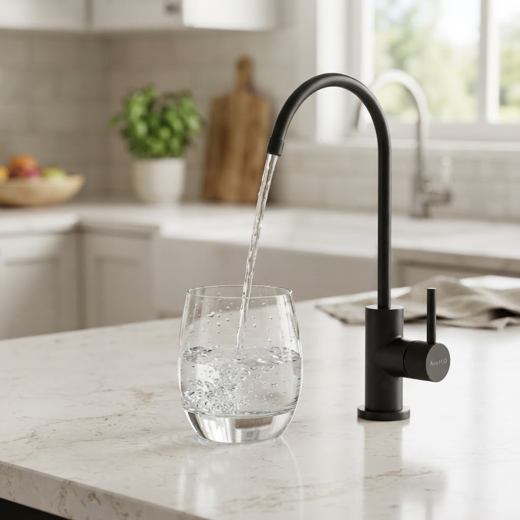 A reverse osmosis drinking water faucet filling a glass with clear water on a kitchen counter