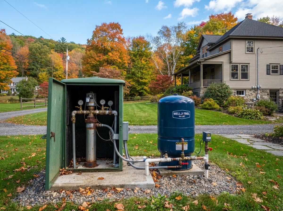 Private water well head and pressure tank equipment outside a Central New York home