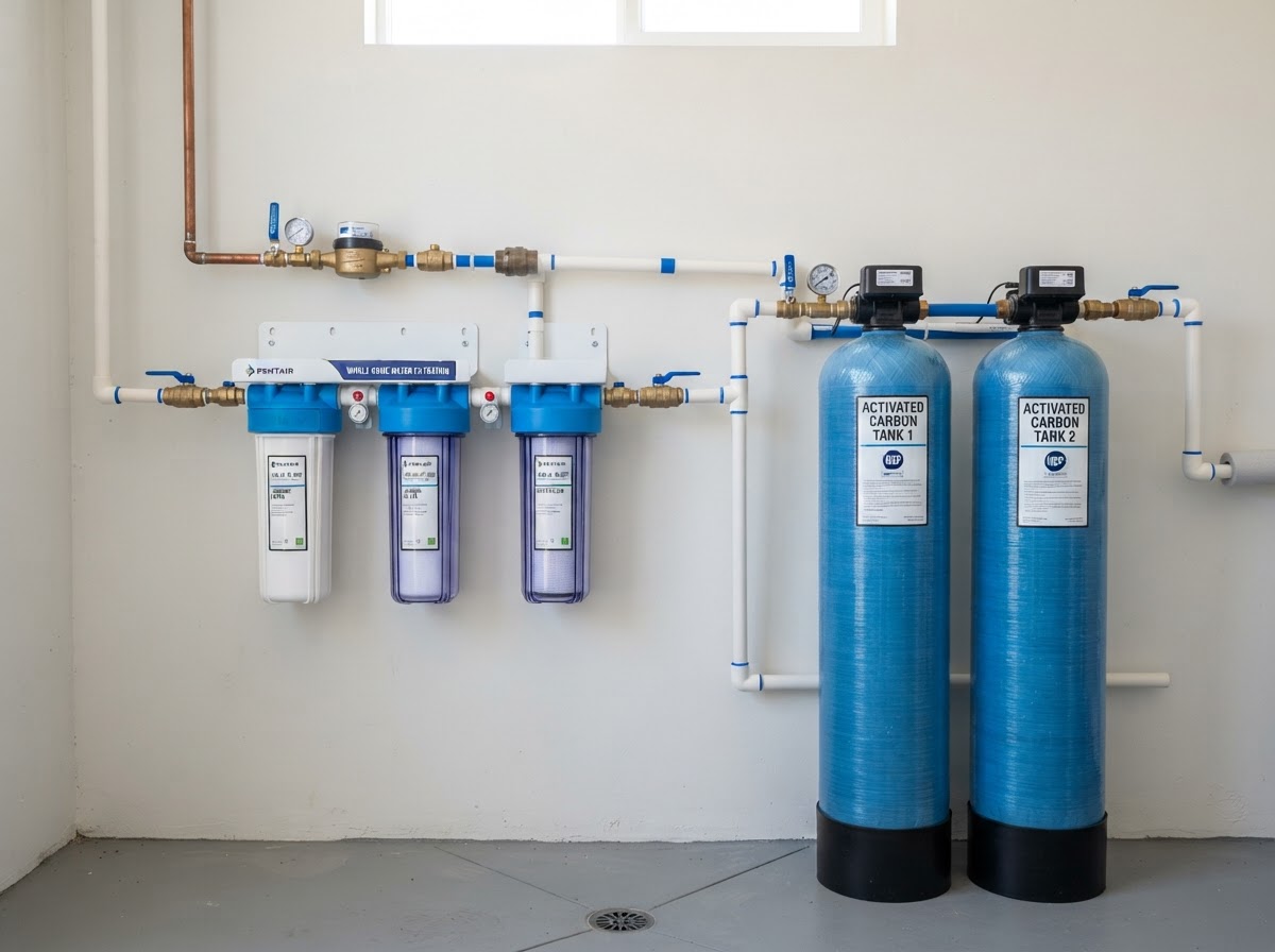 A row of water filter cartridges and activated carbon filter media for whole-home filtration