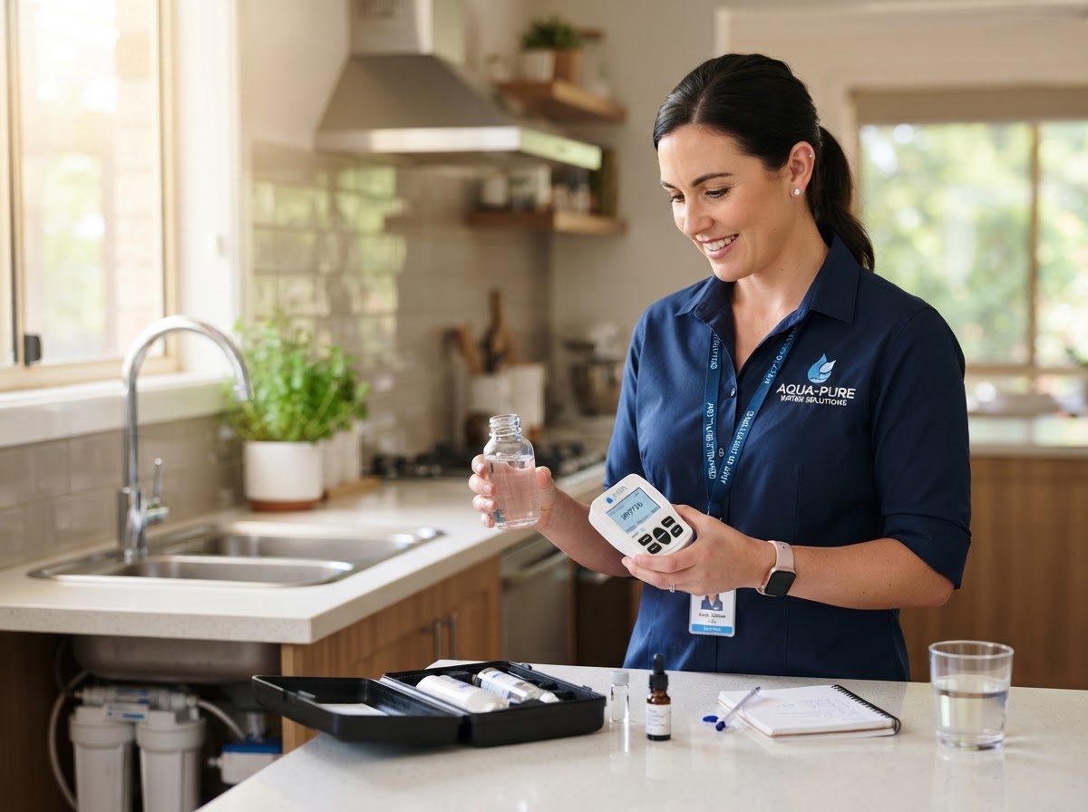 Technician in clean uniform examining a water sample with testing equipment in a residential kitchen
