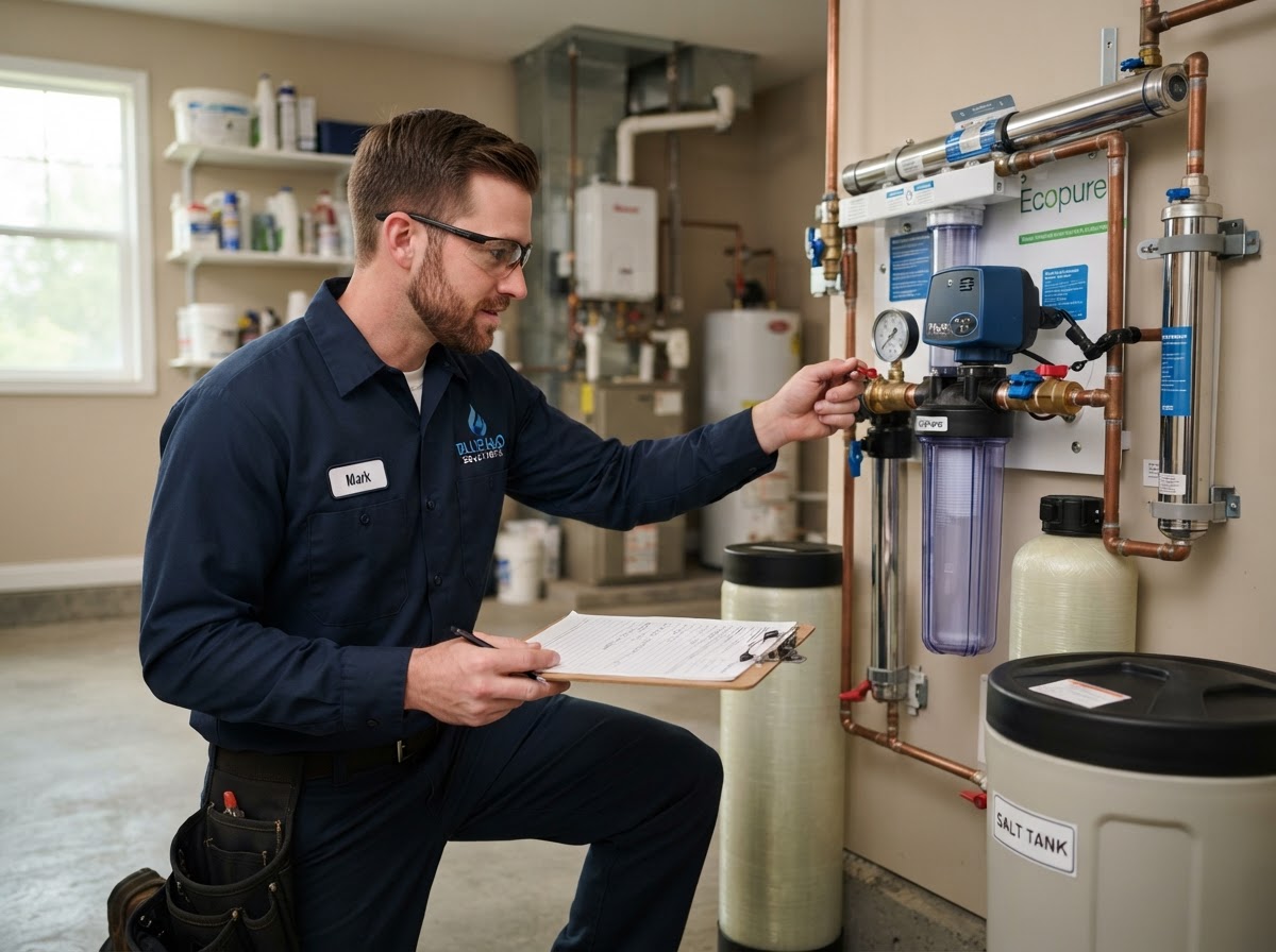 A professional water treatment technician inspecting residential filtration equipment