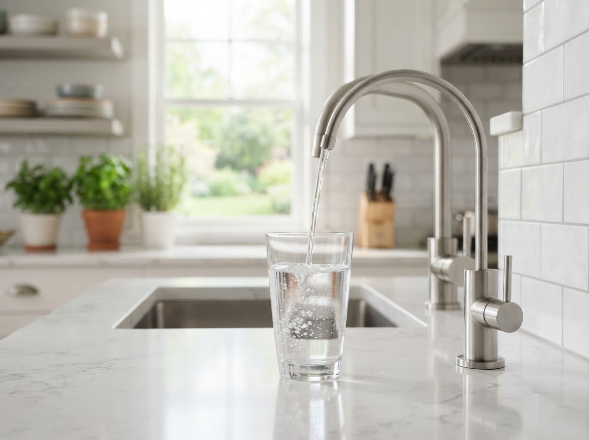 Sleek reverse osmosis drinking water faucet filling a glass with crystal clean water