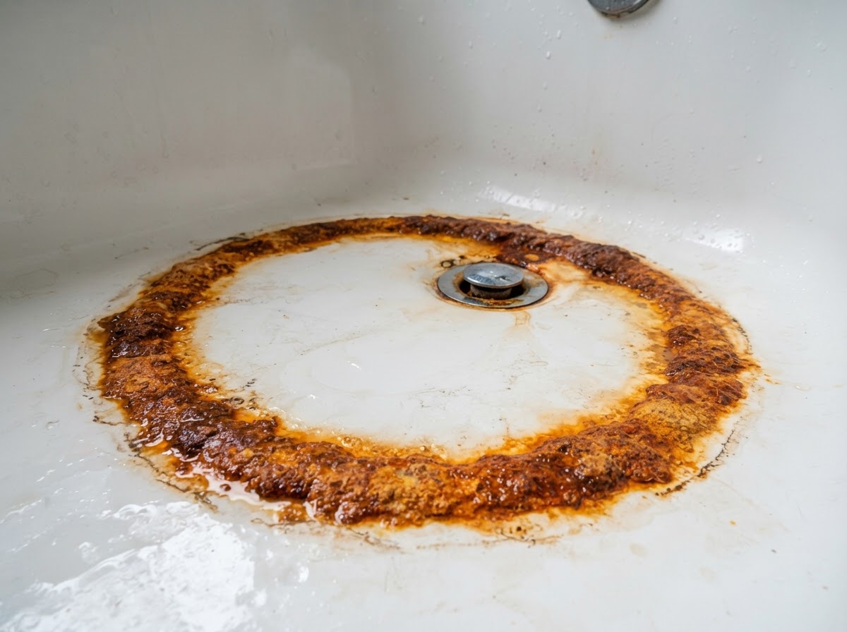 Orange-brown iron staining inside a white porcelain sink from well water