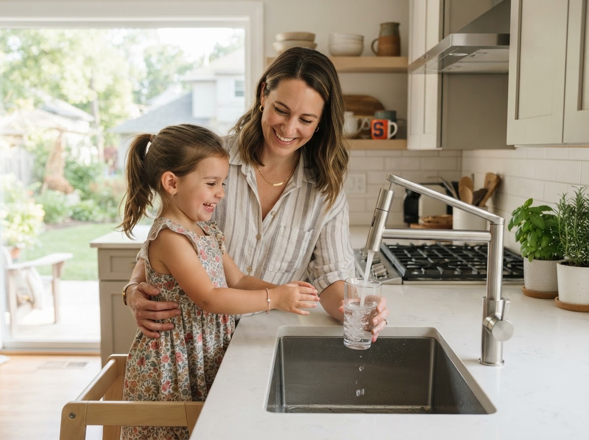 A parent and child filling a glass of water from a modern kitchen faucet