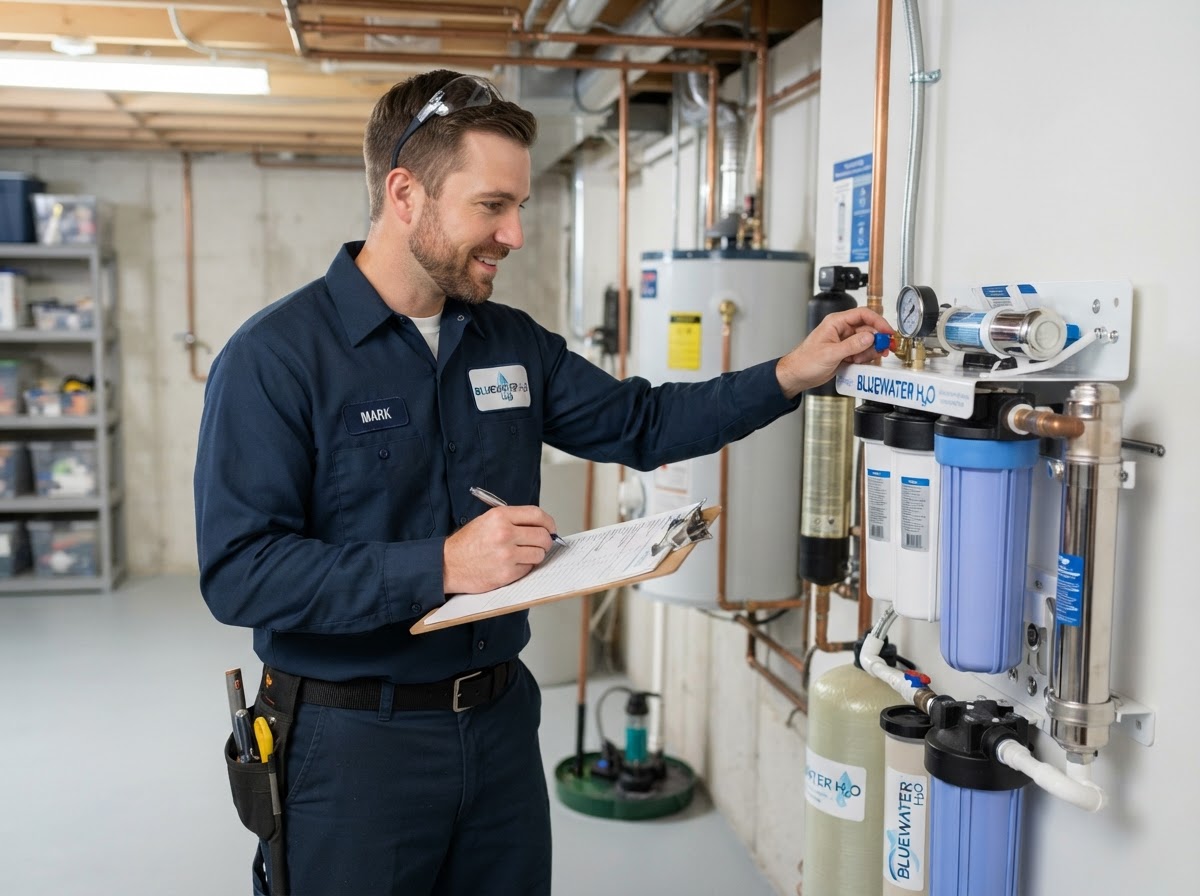 Technician inspecting residential well water filtration equipment