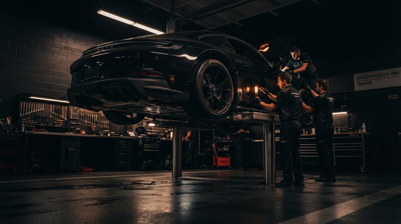Dealership service bay with a vehicle on a lift