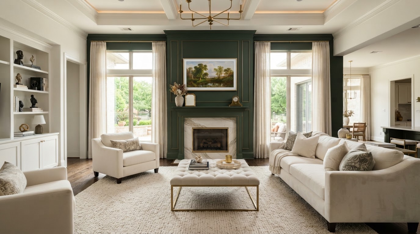 A wide elegant Dallas–Fort Worth living room with a large Samsung Frame TV on a forest green wall displaying fine art.