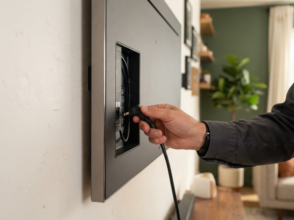Close-up of a hand plugging the power cable into the recessed power connection on the back of a mounted Samsung Frame TV.