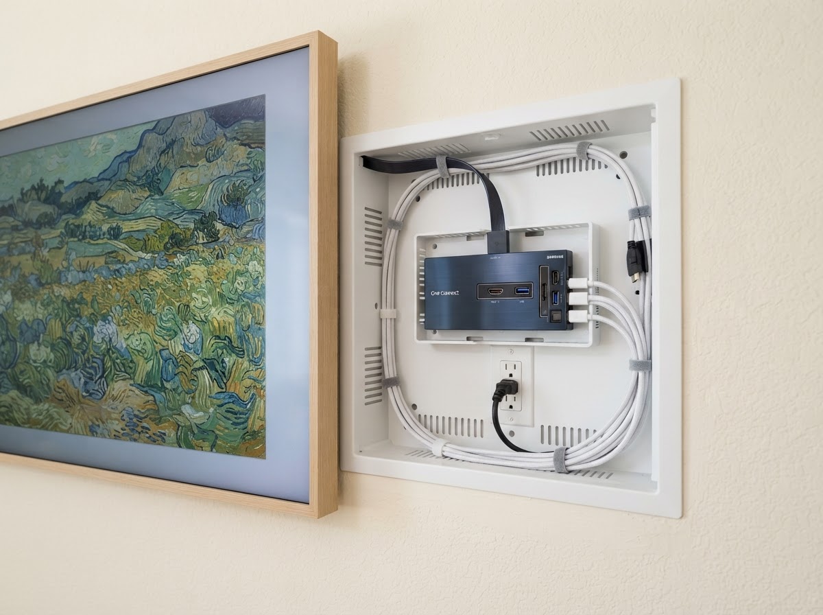 A Samsung One Connect box neatly housed inside a recessed media enclosure behind the wall with organized cables and no visible power outlet.