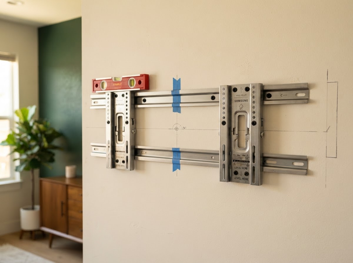 Close-up of a Samsung Frame TV two-plate wall mount showing the separate left and right mounting plates aligned on a horizontal wall support rail.