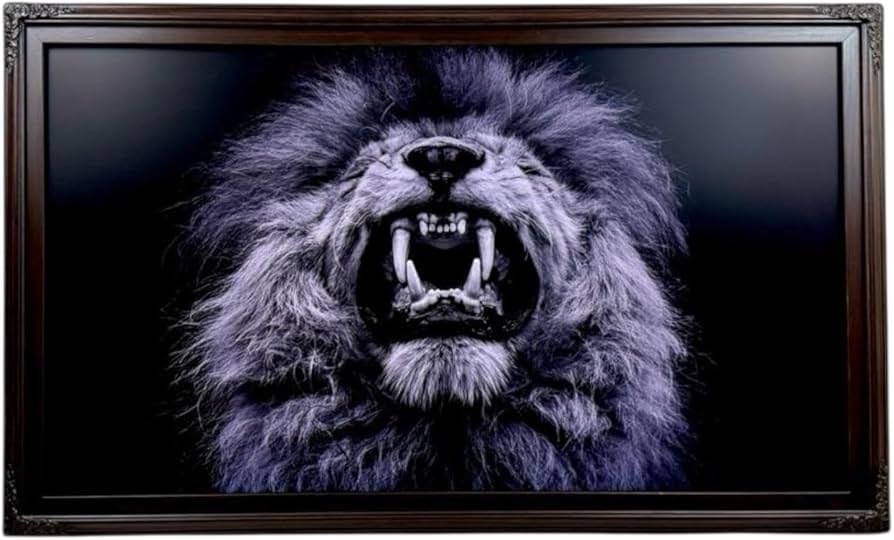 Deco Premiere ornate dark espresso carved frame on Samsung The Frame TV featuring high-contrast lion portrait art