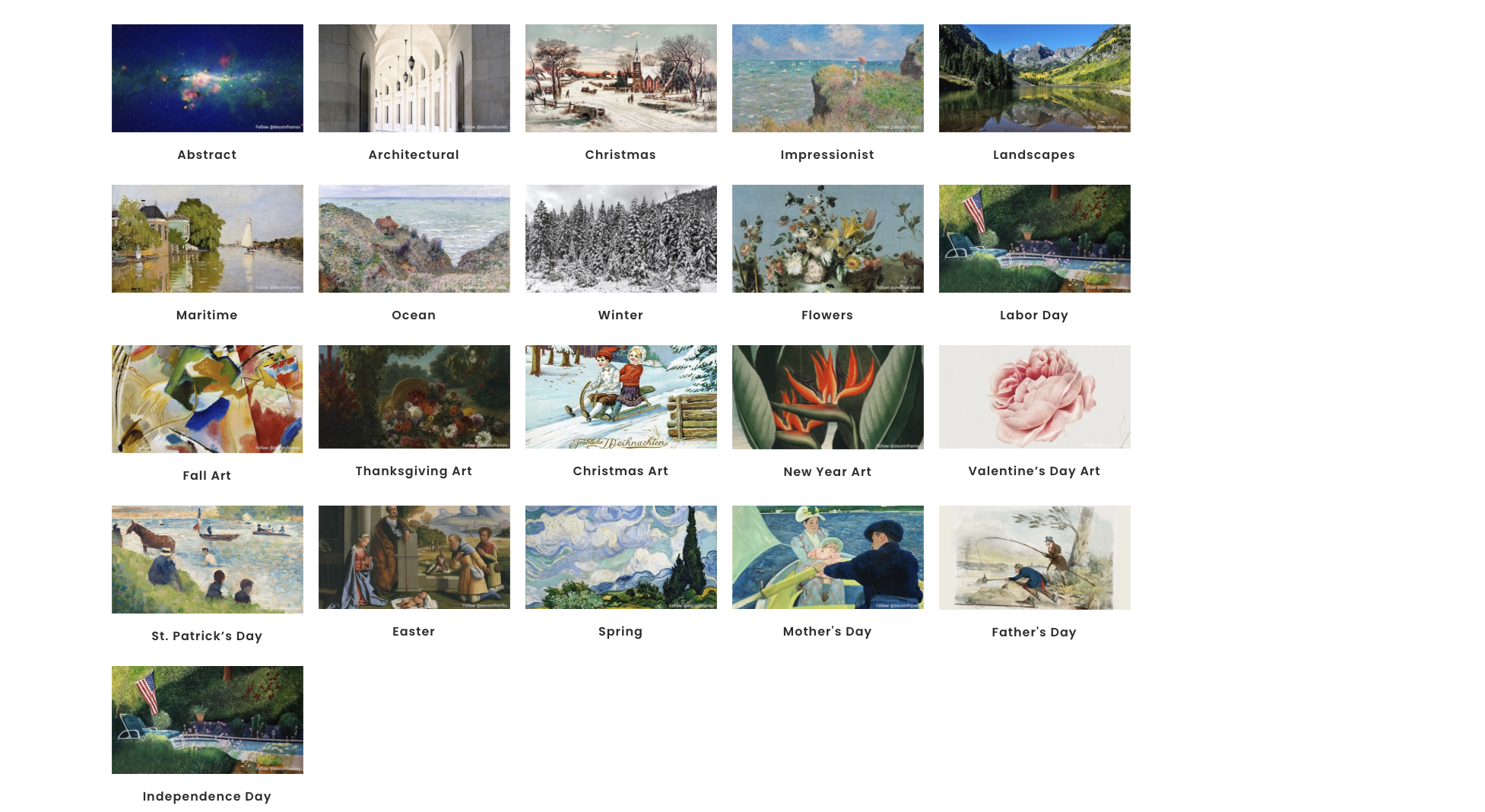 Comprehensive curated art catalog grid for Samsung The Frame showing abstract, architectural, landscapes, maritime, and seasonal collections.