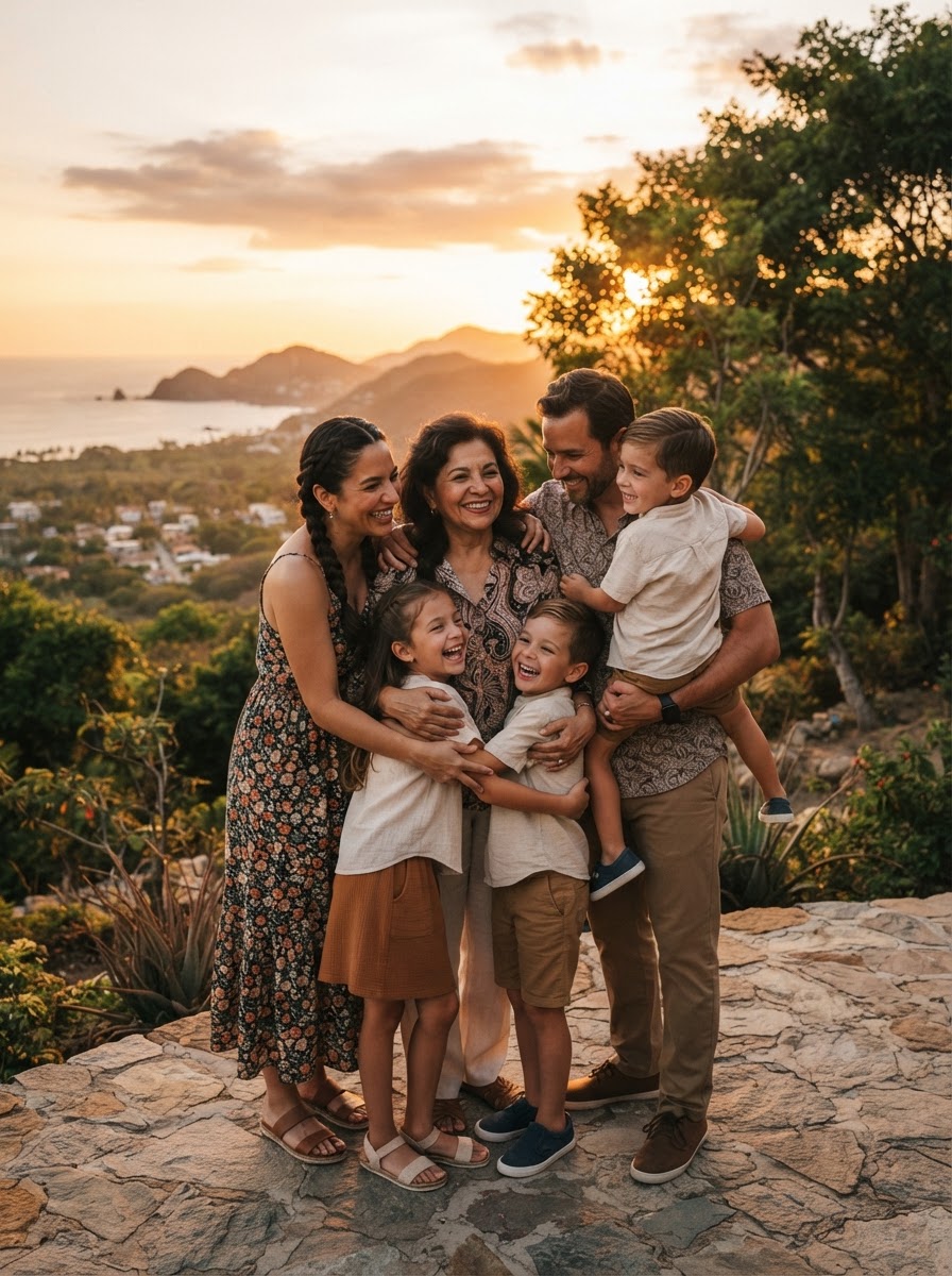 Familia abrazándose al atardecer