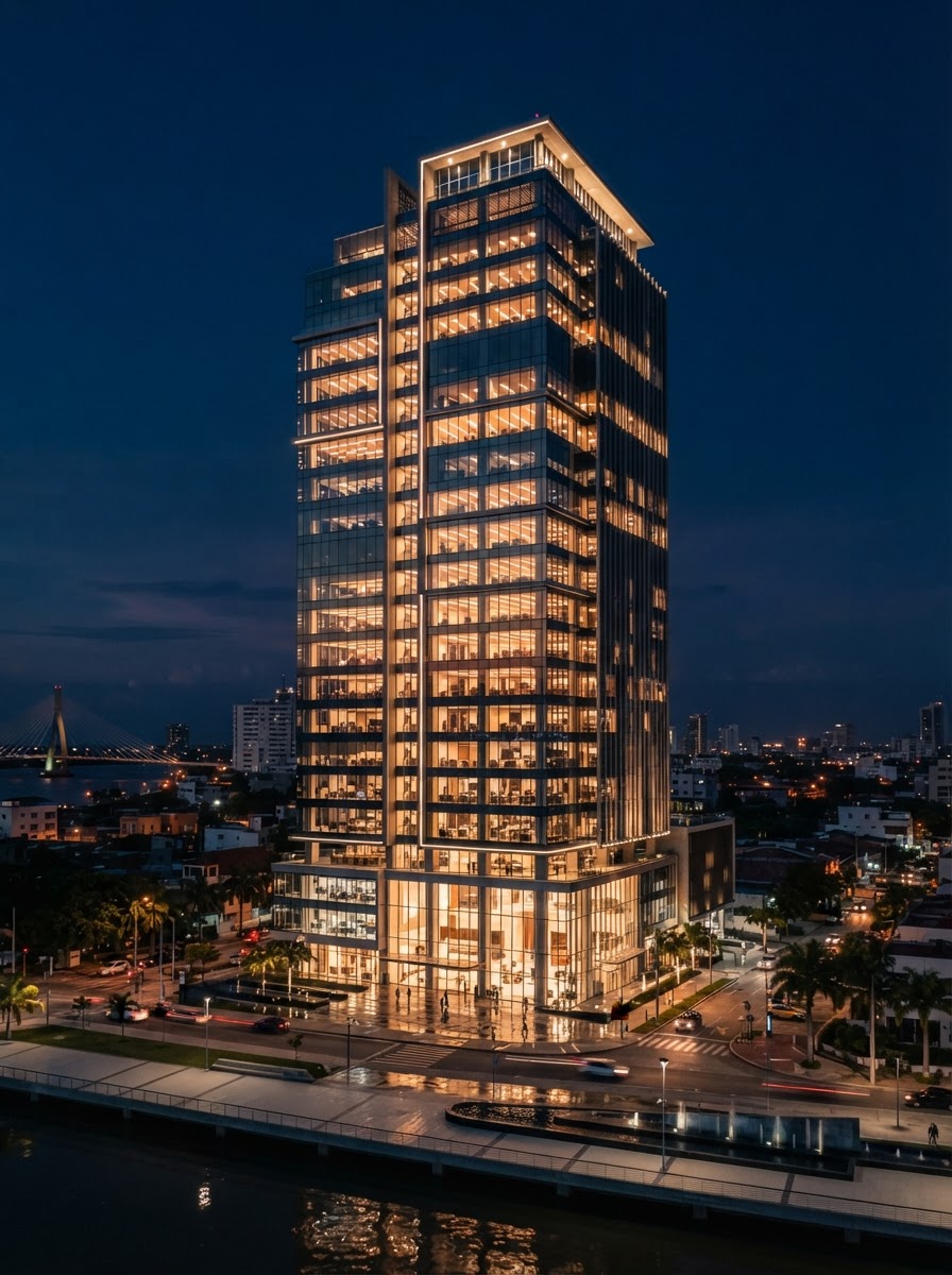 Edificio corporativo moderno al anochecer