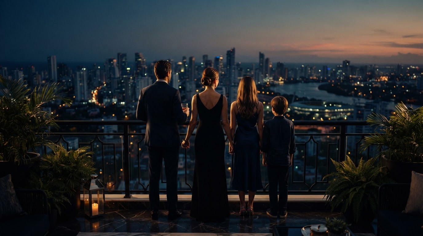 Familia contemplando el horizonte de Barranquilla al atardecer