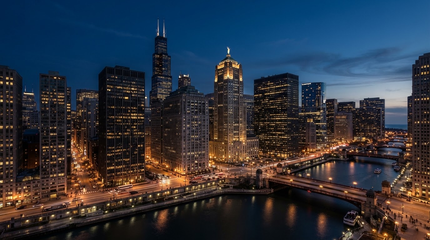Chicago downtown financial district at dusk