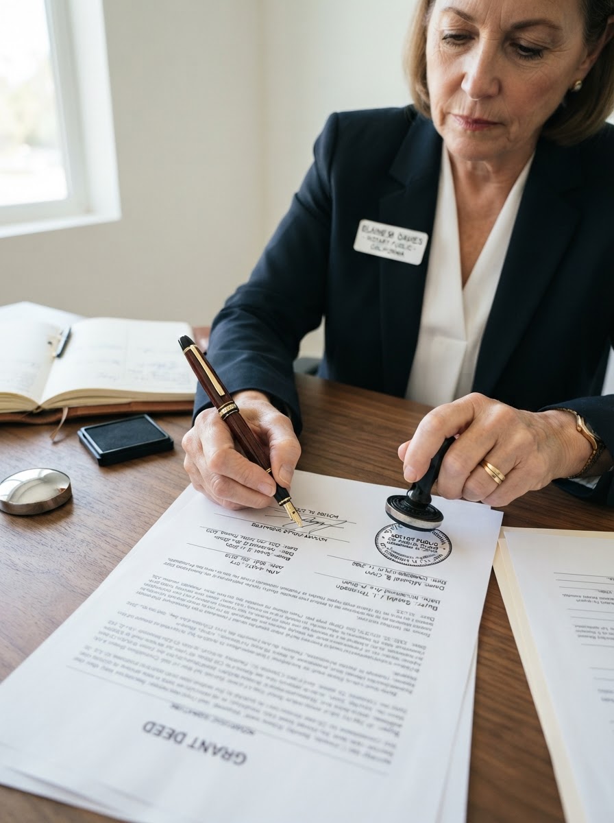 Certified notary signing closing documents with pen and seal