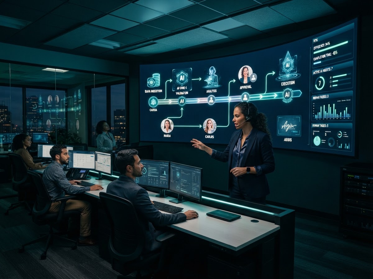Gerente de operaciones latinoamericano coordinando un equipo híbrido de humanos y empleados digitales.
