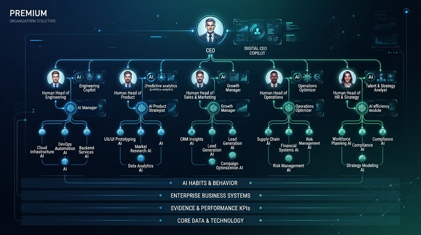 Estructura organizacional híbrida con CEO humano, copiloto digital y departamentos con líderes humanos y managers de IA.