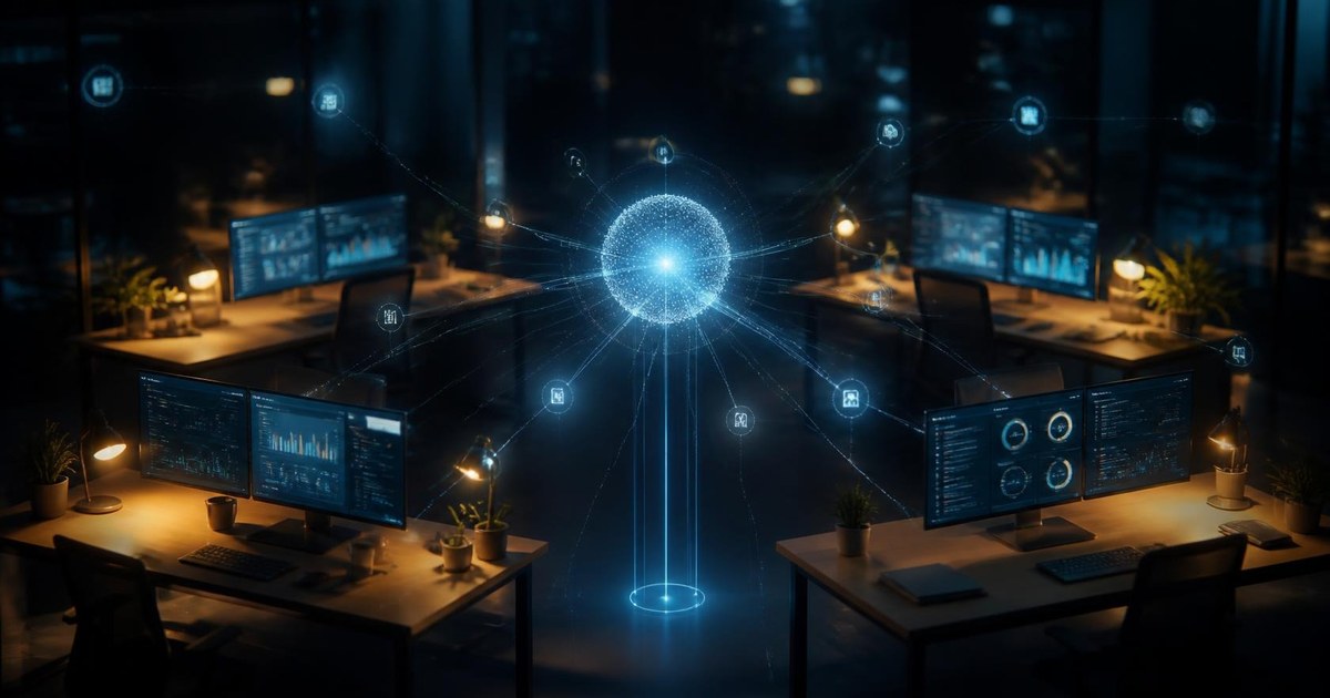 Oficina de noche con varios escritorios conectados a un mismo asistente digital compartido por el equipo