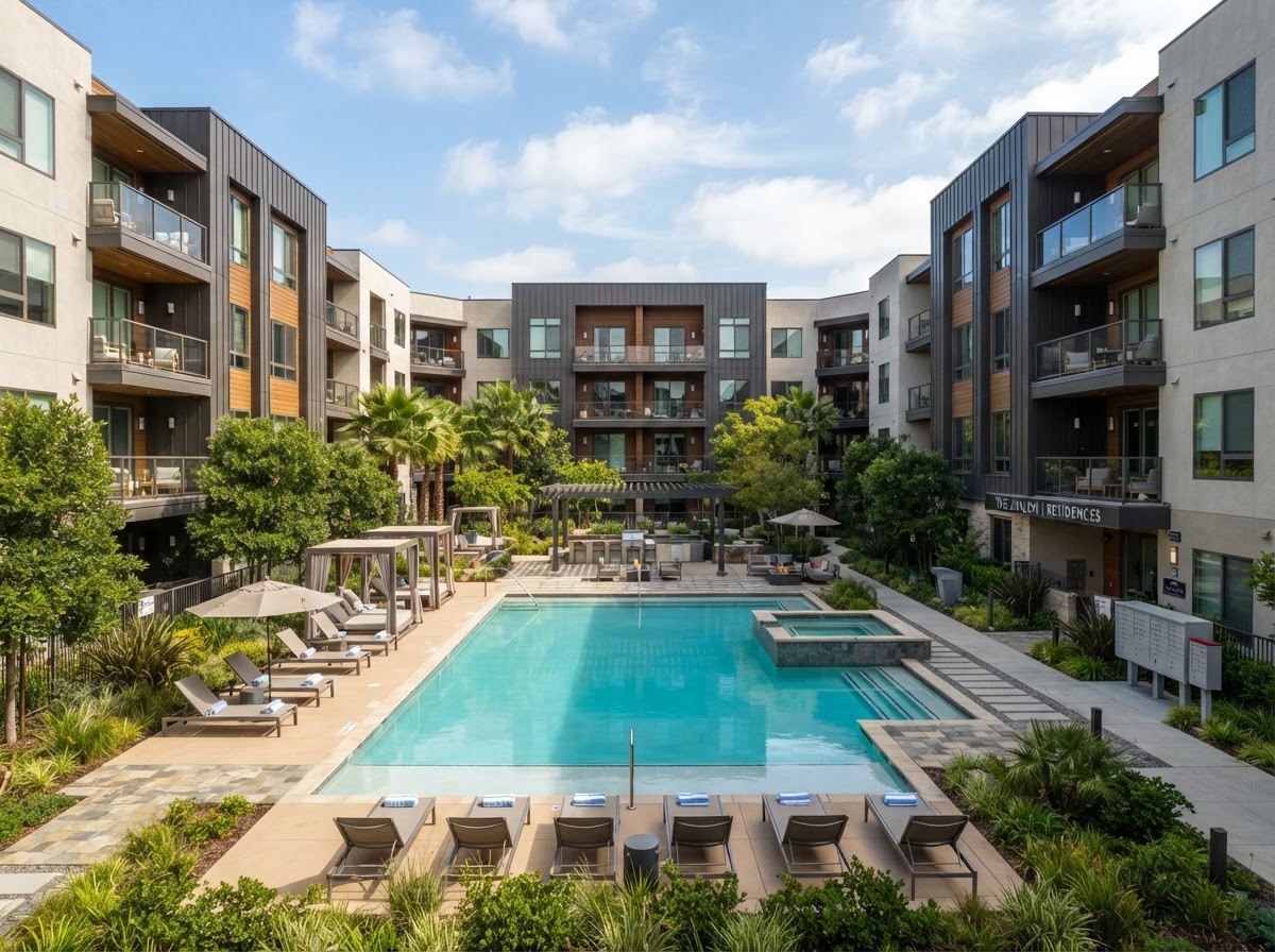 Illustrative example of an apartment community with a central courtyard and pool