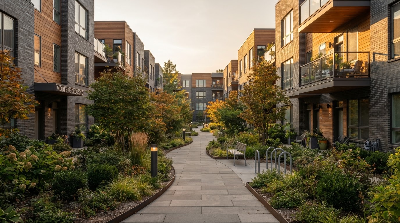 Bright modern multifamily apartment community with green landscaping and natural daylight